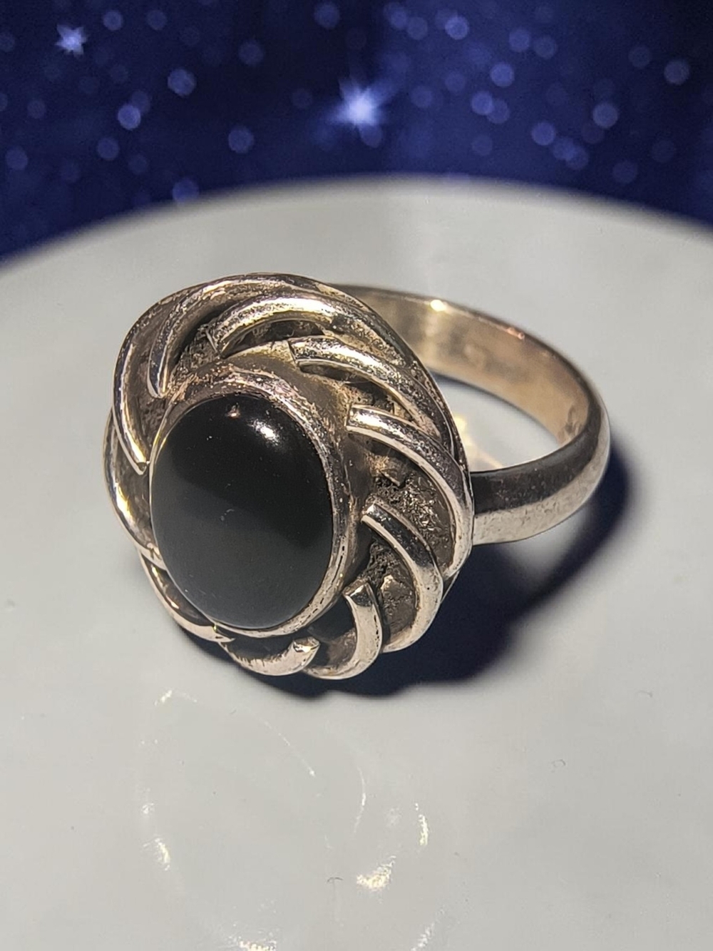 Sterling Silver Black Onyx Swirl Ring - Brand New
